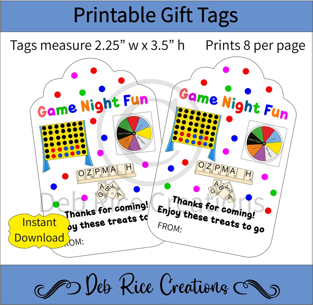 Game Night Fun Printable Gift Tags Treat Tags for Family and Friends ...