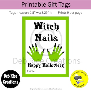 Witch Nails Gift Tags - bugle snack treats tags, trick or treat gifts, party favors, printable Halloween gift tags