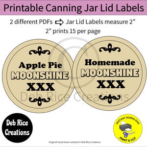 Moonshine Jar Lid Labels - moonshine mason jar lid labels, apple pie moonshine labels, homemade moonshine labels, printable round labels 2&quot;