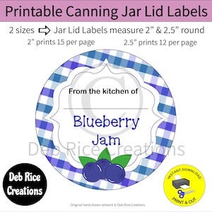 Blueberry Jam Jar Lid Labels - canning mason jar lid labels, printable round label 2&quot; and 2.5&quot;, print on sticker paper or cardstock