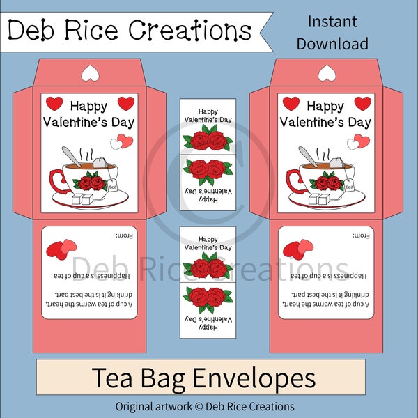 Happy Valentine's Day Tea Bag Envelopes - printable tea bag envelopes, party favors, and more for hot tea lovers