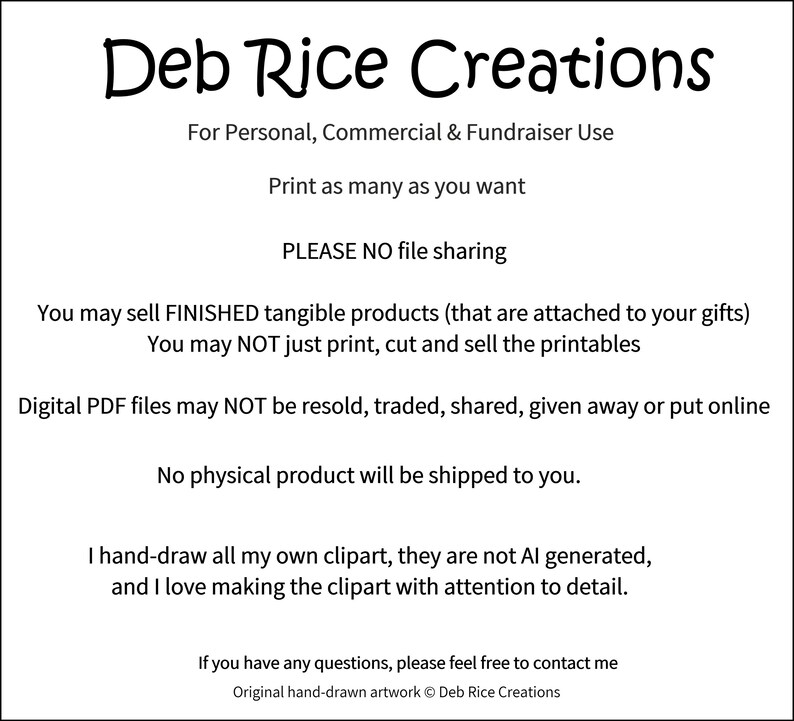 Może przedstawiać: Białe tło z czarnym tekstem. Tekst brzmi "Deb Rice Creations" i zawiera szczeg&oacute;ły użytkowania do użytku osobistego, komercyjnego i zbi&oacute;rek. Pliki PDF nie mogą być odsprzedawane.