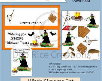 Witching You S'more Halloween Treats Set - s'more bag toppers, s'more gift tags, s'more PDF sticker page, s'more gifts, trick or treat gifts