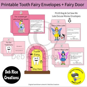 For A Sweet Girl Tooth Loss Tooth Fairy Envelopes + Fairy Door - great for girl&#39;s tooth loss + includes cat and dog excuses