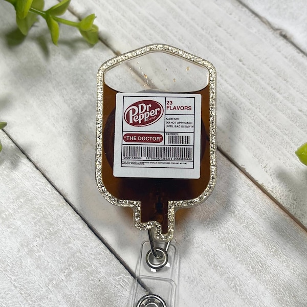 Dr. Pepper Retractable Badge Holder | Transfusion RN Lpn Badge Reel, IV Bag, Phlebotomy ID Pull | Nursing Graduation Gift Topper