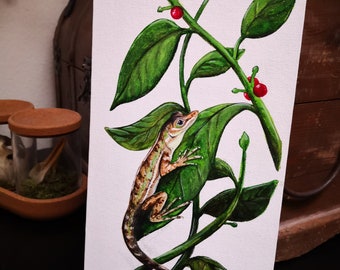 Anoles lizard painting - 15cm x 30cm - acrylics and watercolour - original art