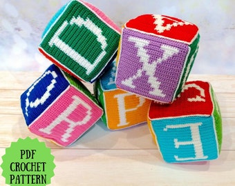 Wzór na szydełkowe klocki dla niemowląt z alfabetem (od A do Z) w formacie PDF (terminy angielskie i amerykańskie), wzór na amigurumi z alfabetem