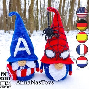 Gnome America and gnome spider,Crochet gnome amigurumi pattern, hero gnome,Crochet PDF pattern(English_US terms,German,Spanish,French,Dutch)