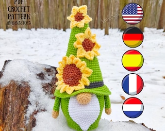 Sunflower gnome, amigurumi pattern, gnome pattern with sunflowers, Crochet PDF pattern (English_US terms, German, Spanish, French, Dutch)