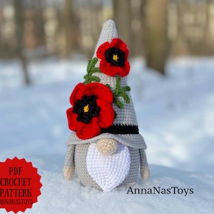 Gnome with poppy flower, Crochet amigurumi pattern, Crochet gnome pattern with crochet poppy flower, Crochet PDF pattern (English_US terms)