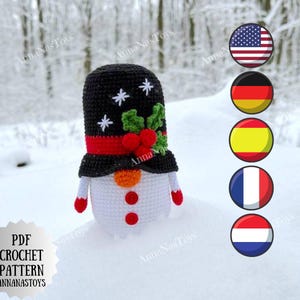 Gnomo muñeco de nieve, Patrón de gnomo amigurumi de crochet, Gnomo Papá Noel, Patrón de crochet PDF (Términos en inglés y estadounidense, alemán, español, francés y holandés)