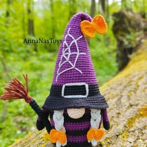 Gnome ghost,gnome candy corn,witch with a broom,black witch and green witch,Crochet Halloween decor, Crochet PDF pattern English_US terms image 4