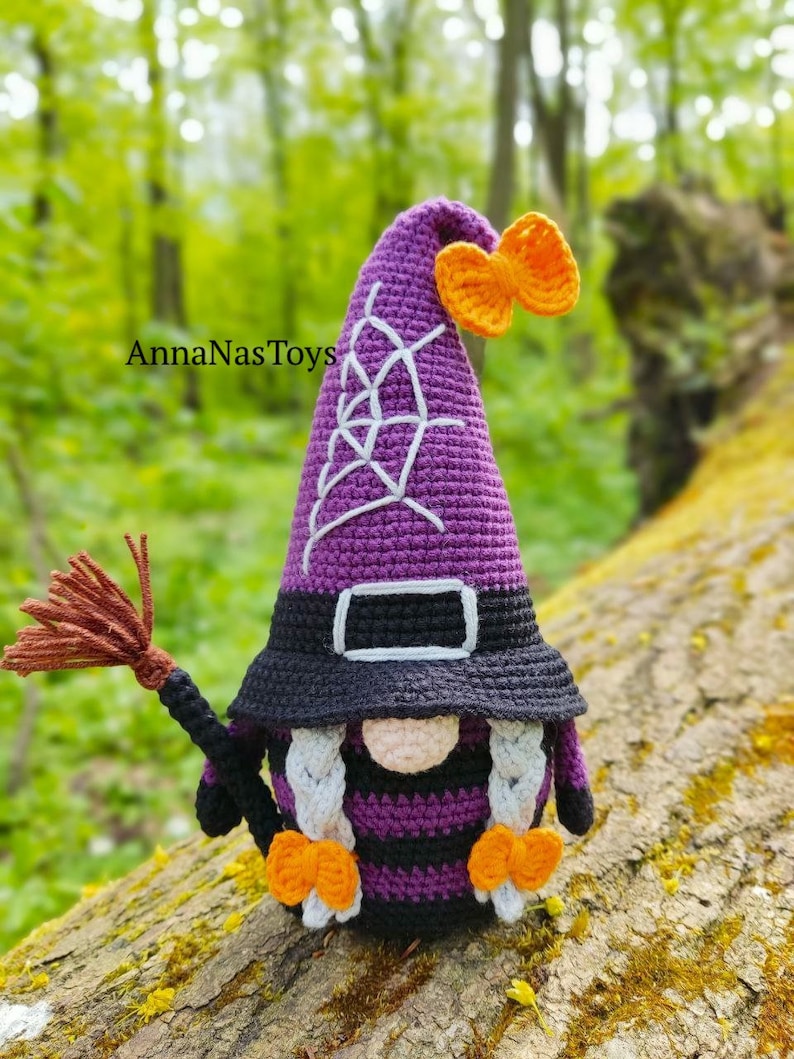 Gnome ghost,gnome candy corn,witch with a broom,black witch and green witch,Crochet Halloween decor, Crochet PDF pattern English_US terms image 4