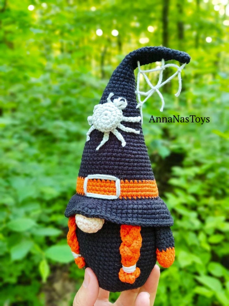 Gnome ghost,gnome candy corn,witch with a broom,black witch and green witch,Crochet Halloween decor, Crochet PDF pattern English_US terms image 6
