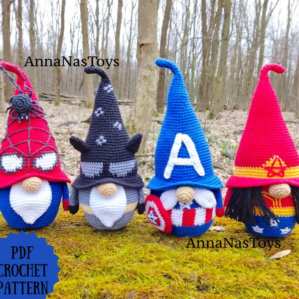Gnome spider, gnome bat, gnome America, Wonder gnome, Crochet gnome amigurumi pattern, hero gnome, Crochet PDF pattern (English_US terms)