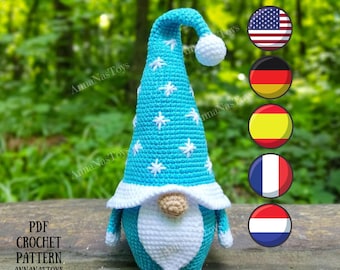 Christmas gnome (blue), Crochet gnome amigurumi pattern, gnome Santa, Crochet PDF pattern (English_US terms, German, Spanish, French, Dutch)