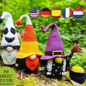 Gnome ghost,gnome candy corn and witch with a green nose,Halloween pattern,Crochet PDF pattern(English_US terms, German,Spanish,French,Dutch