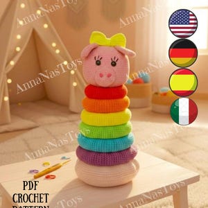 PDF Häkelanleitung für Amigurumi Stapelringe Regenbogen Schweinchen