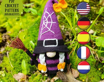 May include: Crocheted witch gnome amigurumi pattern in purple and black with a broom and orange bow. PDF crochet pattern available in English, German, Spanish, French, and Dutch.