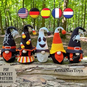 Halloween gnome ghost, gnomes candy corn and black gnomes with spider, Crochet PDF pattern (English_US terms, German,Spanish,French,Dutch)