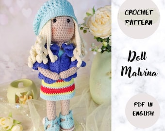 Schema PDF per bambola Malvina Crochet (termini inglesi_americani), schema per bambola amigurumi all'uncinetto