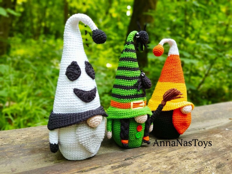 Gnome ghost,gnome candy corn,witch with a broom,black witch and green witch,Crochet Halloween decor, Crochet PDF pattern English_US terms image 9