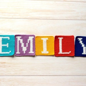 Może przedstawiać: Haczykowane litery tworzące imię "EMILY" w r&oacute;żnych kolorach. Litery są turkusowe, fioletowe, ż&oacute;łte, czerwone i niebieskie.