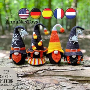 Halloween gnomes candy corn and black gnomes with spider,Halloween decor,Crochet PDF pattern (English_US terms, German,Spanish,French,Dutch)