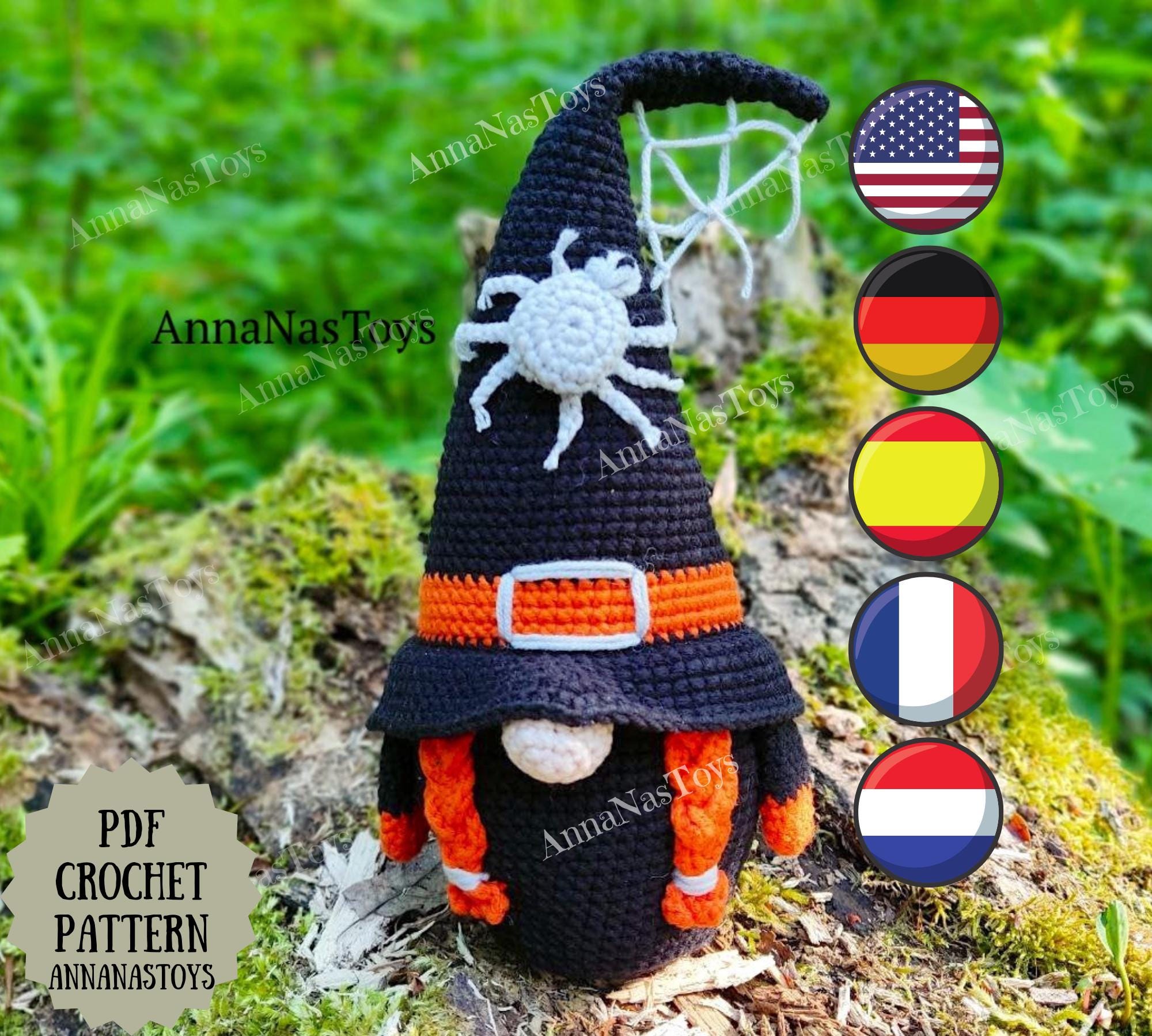 Black witch, Crochet gnome amigurumi pattern, Crochet Halloween decor, Crochet PDF pattern (English_US terms, German,Spanish,French,Dutch)