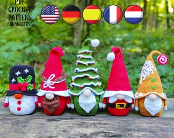 Gnome snowman,gnome deer,Christmas tree gnome,Santa and gingerbread gnome patterns,Crochet PDF(English_US terms,German,Spanish,French,Dutch)