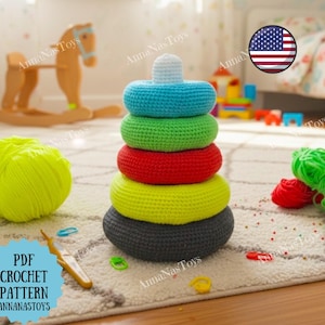 Patrón PDF de anillos apilables de colores para amigurumi de ganchillo (términos inglés-estadounidenses), juguete apilable para bebé