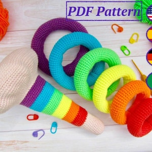 Crochet amigurumi toy rainbow stacking rings PDF pattern (English_US terms, Español, Deutsch, Italiano)