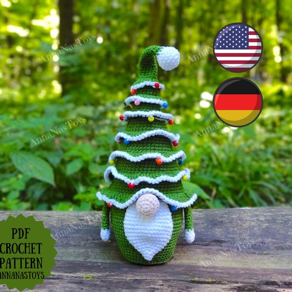 Gnomo del árbol de Navidad, Patrón amigurumi de gnomo de ganchillo, Gnomo de Navidad, Patrón PDF de ganchillo (términos en inglés_estadounidense, alemán)