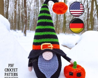 Halloween black gnome with pumpkin, Crochet gnome amigurumi pattern, Crochet Halloween decor, Crochet PDF pattern (English_US terms,Gerfman)