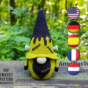 May include: A crochet pattern for a Frankenstein gnome. The gnome is green and yellow with black stitches for the eyes and mouth. The gnome is wearing a black and green hat. The pattern is available in PDF format.