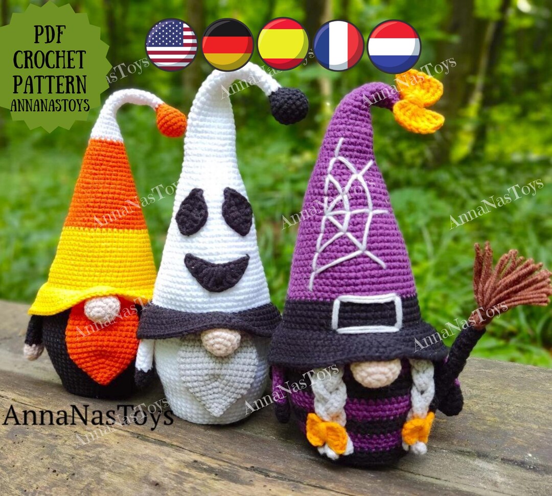 Gnome Ghost, Gnome Candy Corn and Witch With a Broom, Halloween Pattern ...