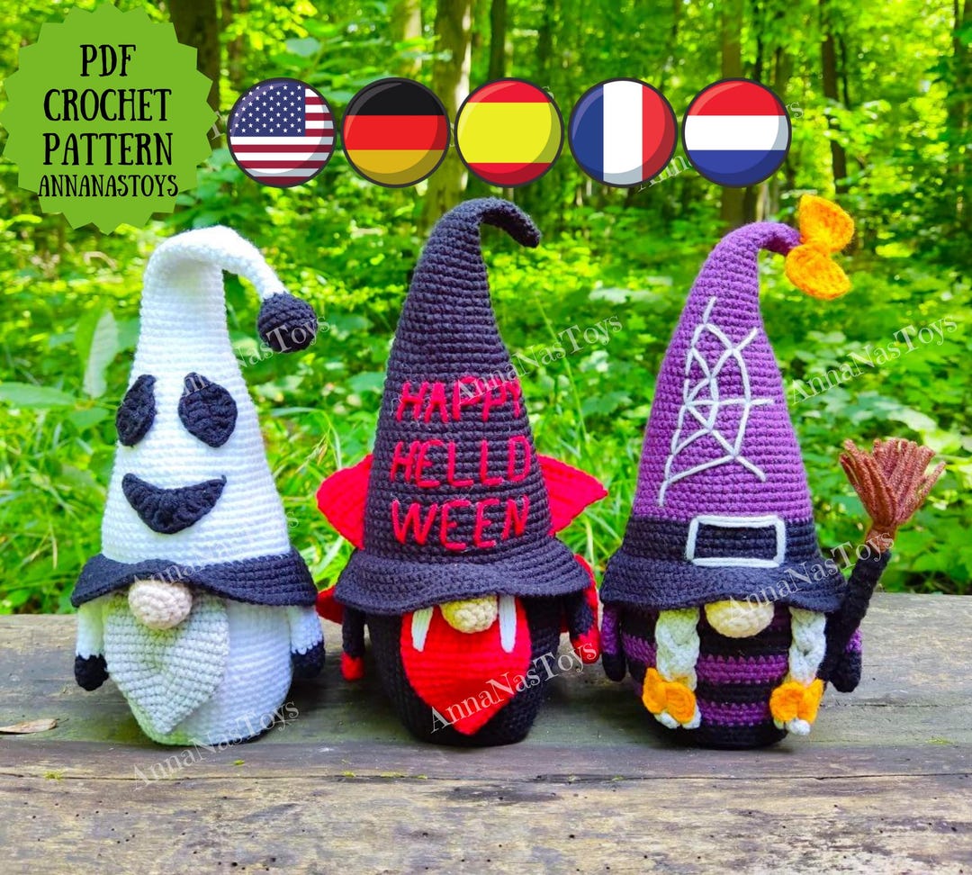 Gnome Ghost, Gnome Vampire and Witch With a Broom, Halloween Pattern ...