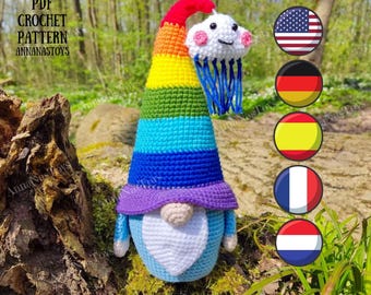 Wichtel Regenbogen, Wichtel mit Wolke gehäkelt, Amigurumi Häkelmuster, PDF gehäkelt, PDF gehäkelt