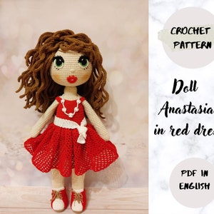 Doll Anastasia in red dress Crochet PDF pattern (English_US terms), amigurumi doll crochet pattern