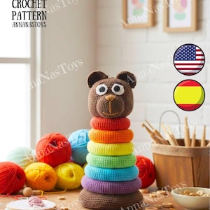 Giocattolo amigurumi all'uncinetto Anelli impilabili Orsetto arcobaleno Schema PDF (termini inglese-americano, spagnolo)