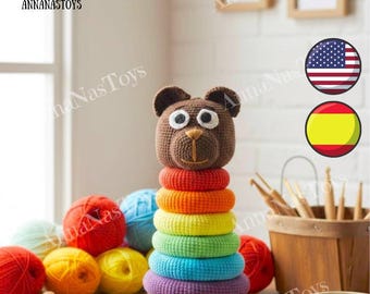 Crochet amigurumi toy Stacking rings Rainbow Bear PDF pattern (English_US terms, Spanish)