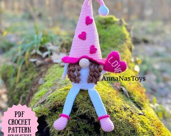 Gnome Valentinka with legs,Crochet gnome amigurumi pattern,Valentines day gnome, Valentines day gift, Crochet PDF pattern (English_US terms)