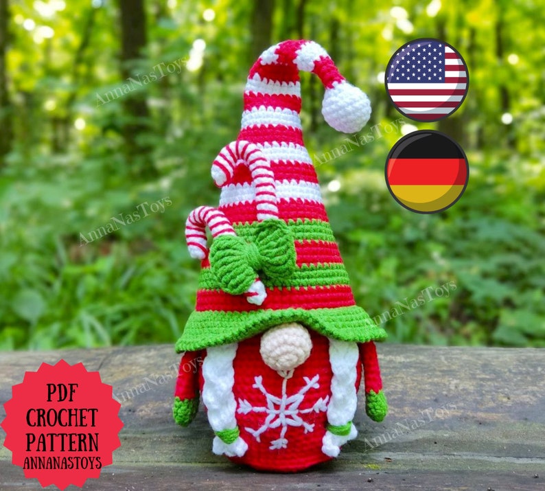 Christmas gnome girl, Crochet gnome amigurumi pattern, gnome Santa, Crochet PDF pattern English_US terms, Deutsch image 1