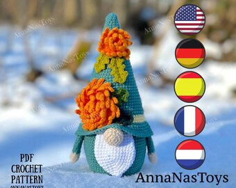 Gnome dahlia, amigurumi pattern,Crochet gnome with crochet dahlia flower,Crochet PDF pattern (English_US terms, German,Spanish,French,Dutch)