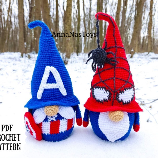 Gnome America et gnome araignée, modèle amigurumi de nain au crochet, nain héros, modèle PDF au crochet (termes anglais_américains)