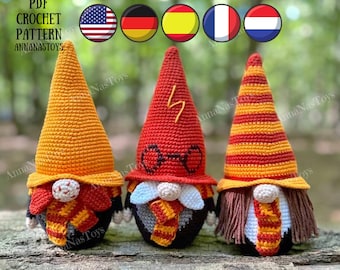 Gnomes Harry, Ron and Hermione, Crochet gnome amigurumi, Fairy Tale gnome,Crochet PDF pattern(English_US terms, German,Spanish,French,Dutch)