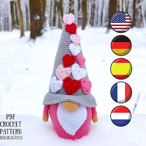 Crochet Valentine gnome pattern (boy), Valentines day gnome crochet pattern, PDF pattern (English_US terms,German,Spanish,French,Dutch)