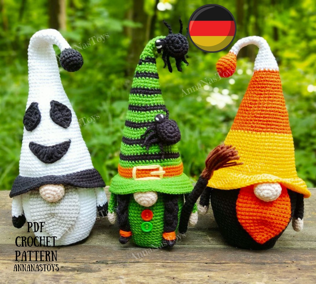 Gnome Ghost, Gnome Candy Corn and Witch With a Broom, Crochet Halloween ...