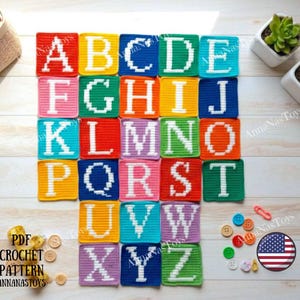 英語のアルファベット（AからZ）、かぎ針編みのPDFパターン（英語_米国用語）、アルファベット編みぐるみパターン