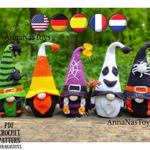 Gnome ghost,gnome candy corn,witch with a broom,black witch and green witch,Crochet PDFpattern(English_US terms, German,Spanish,French,Dutch